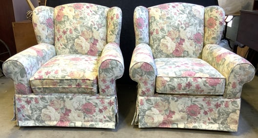 Pair Vintage Floral Winged Armchairs