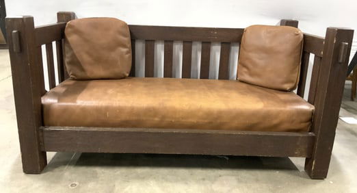 Vintage Low Wooden Bench W Leather Upholstery