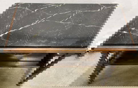 Vintage Black Marble Top Wooden Side Table: Vintage Black Marble Top Wooden Side Table. Carved woodwork to the base. Removable rectangular marble top to the piece. Weighty. Measures approx. 14D x 26W x 24H in. Chipping, discoloration, and surfa