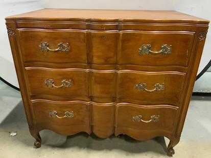 THE ORLEANS COLLECTION Vtg 3 Drawer Wood Dresser: Interior trademarked THE ORLEANS COLLECTION. Dresser is vintage and wooden. Piece has 3 drawers each with ornate gold toned brass handles. Drawers each have hand dovetailing. Front 2 feet have curled