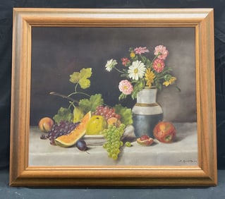 Signed J Glotzer Still Life Fruit Oil Painting