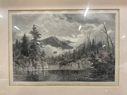 Framed George Smillie Adirondack Scenery Etching: Framed antique etching. Adirondack scenery, Morning on the Ausable. Signed George H Smillie on the plate. Plate signed J Filmer. Landscape with view of Adirondack mountains from the Ausable River. Woo