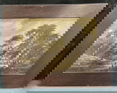 Framed Antique Hunting Scene Lithograph: Framed antique lithograph. Hunting scene with view of landscape, river, deer, and men hunting. Wood frame, not examined out of frame. Frame measures approx 18.5 x 23.5 inches, window approx 12.5 x 17.