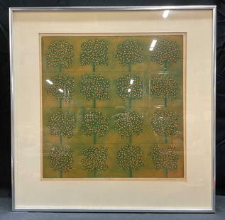 Signed Sergio Gonzalez Tornero Orangerie Etching: Framed and matted lithograph. Signed Sergio Gonzalez Tornero at lower right, dated 1966. Artists proof. Etching with aquatint in green and orange. Orangerie. Orange trees. Silver tone metal frame, not