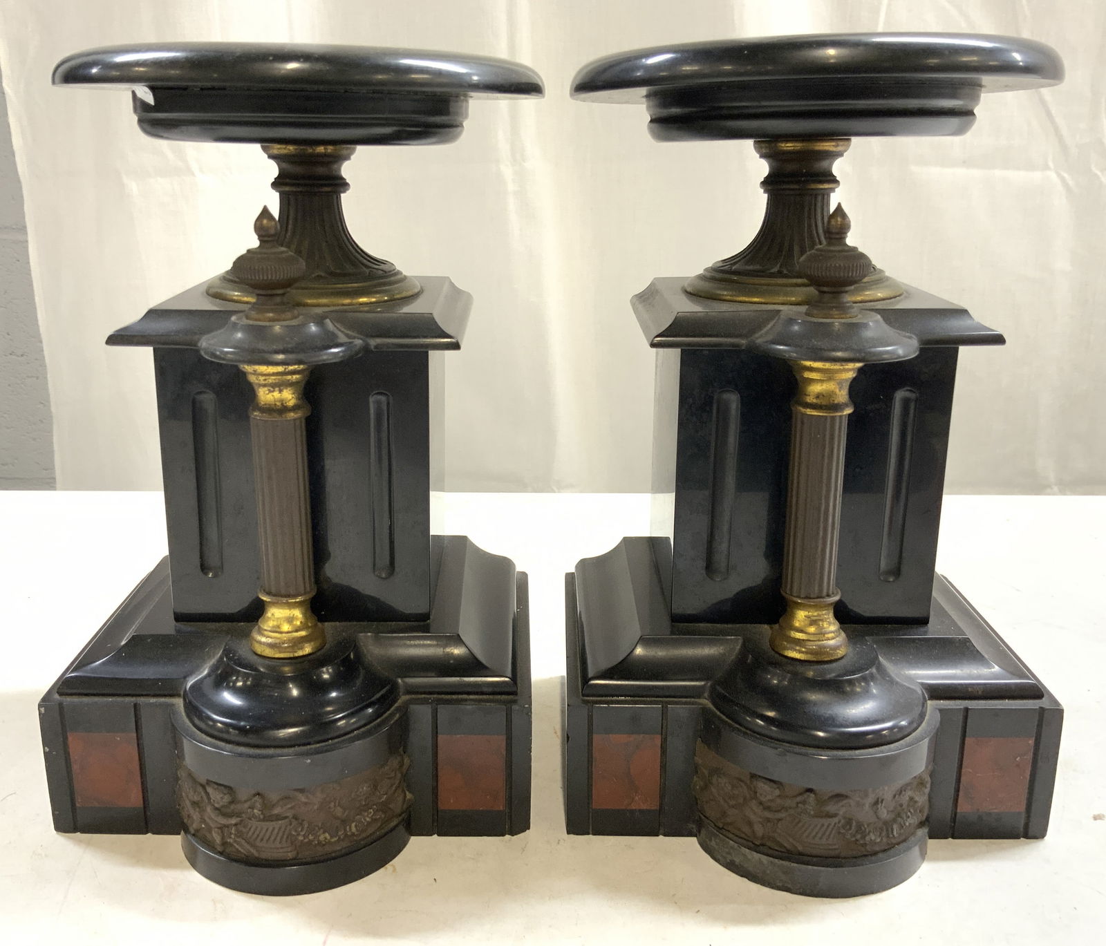 19th C French Napoleon 3 Blk Mrbl Garniture Sides: Garniture Flankers are black toned, possibly black marble and brass. 19th century French Napoleon III. Each have column structures in front. Garniture Flankers are significantly weighted. Each piece m