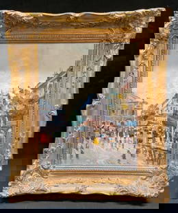 Signed A DeVity Paris Street Scene Oil Painting: Framed oil on canvas painting. Signed at lower Antonio DeVity (Italian, 1901-1993). Paris street scene. View of figures and buildings. Decorative gilt wood and gesso frame. Not examined out of frame.