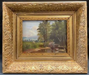 Framed Landscape with Cows Oil Painting: Framed oil on board painting. Pastoral scene. Landscape with stream and cows. Decorative gilt wood and gesso frame. Not examined out of frame. Frame measures approx 16.5 x 19.5 inches, window approx 8