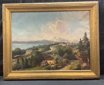 Framed Pastoral Landscape Scene Oil Painting 41in