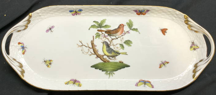 HEREND Vntg Porc Serv Dish W Handles HUNGARY: Underside is marked HEREND HUNGARY. Serving dish is porcelain. Piece has multi toned floral, leaf, bird & butterfly detail. Edges have gilt detail. Sides of dish have handles. Serving dish measures ap