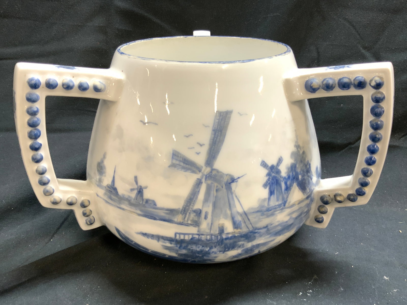 FRANK Vtg Signed Hand Painted Tri Handle Vessel: Underside is signed FRANK JUNE 2ND 1901. Vessel is white with hand painted blue toned Dutch countryside detail with windmills. Piece has three handles with dot detailing. Piece has blue toned rim. App