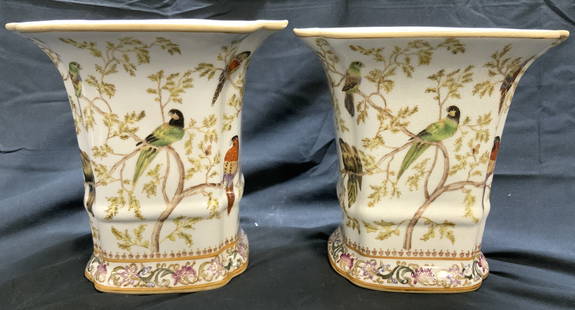 Signed Pair Hand Painted Porc Asian Vases: Vases are each signed with red chop signature on underside with Asian characters. Each vase appears to be porcelain possibly ceramic. Vases each have hand painted birds on branches detail. Floral, & l
