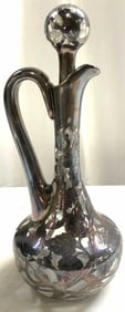 Sterling Silver Overlay Vtg Art Gls Ewer W Stopper