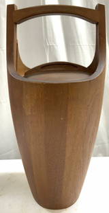 JENS QUISTGAARD DANSK MCM Staved Teak Ice Bucket: Underside reads STAVED DANSK DANMARK. Piece appears to be by JENS QUISTGAARD. Ice bucket has light brown toned teakwood exterior. Top of piece has handle. Ice bucket includes lid. mid century Danish m