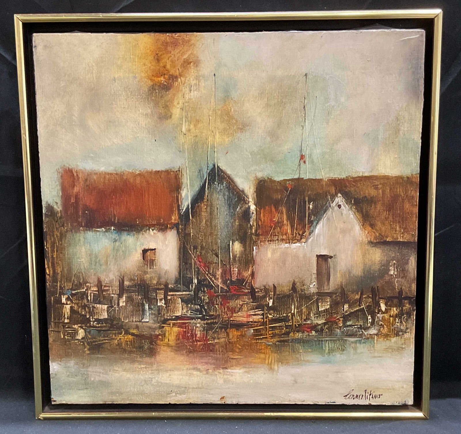 Sgn Frank Carmelitano Dock Scene Oil Painting: Framed oil on canvas painting. Signed at lower right Carmelitano. Frank Carmelitano (Spanish/American, 1935-2003) was a Postwar and contemporary painter. Dock scene with view of dock, water, boats, an