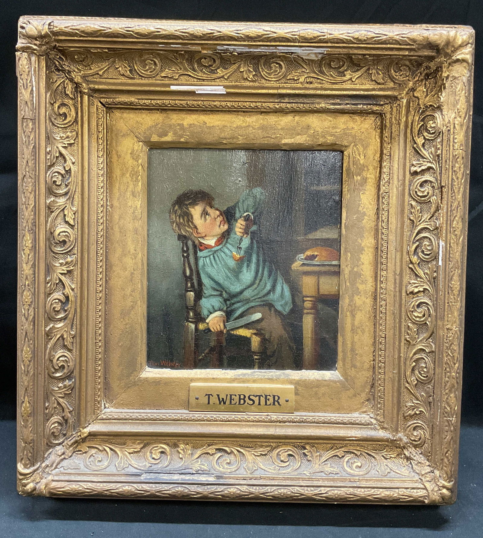 Signed T Webster Boy Eating Antq Oil Painting (1 of 7)