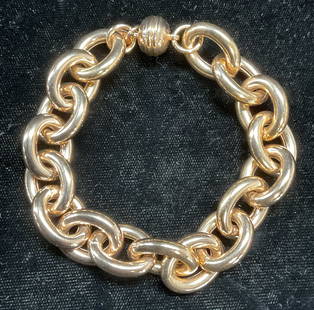 Milor Bronze Chunky Chain Link Bracelet, Italy: Milor chunky chain link bracelet. Bronze. Magnetic clasp. Signed on hang tag. Made in Italy. Measures approx 8 inches long. Some wear including scratching observed. Jewelry, estate jewelry, costume je