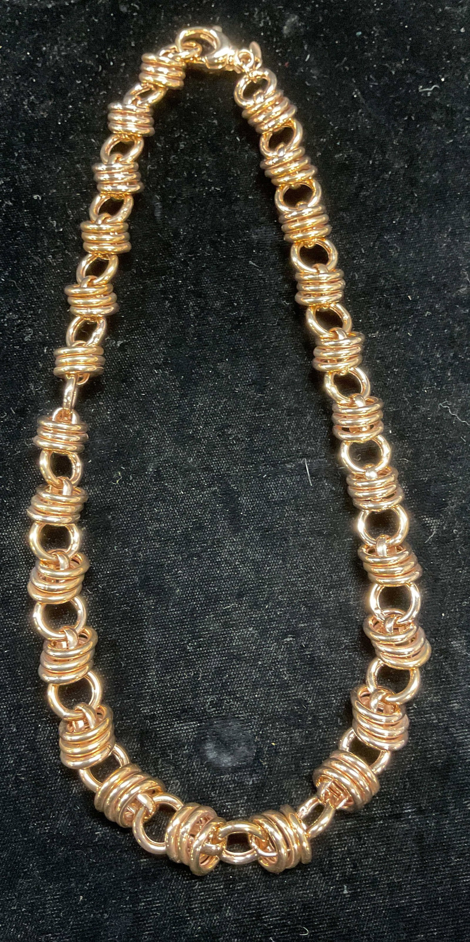 Milor Bronze Ring Chain Necklace, Italy: Milor bronze chain necklace. Ring chains. Signed on hang tag. Made in Italy. Drop length approx 9.5 inches. Some wear including scratching observed. Jewelry, estate jewelry, costume jewelry, cocktail 