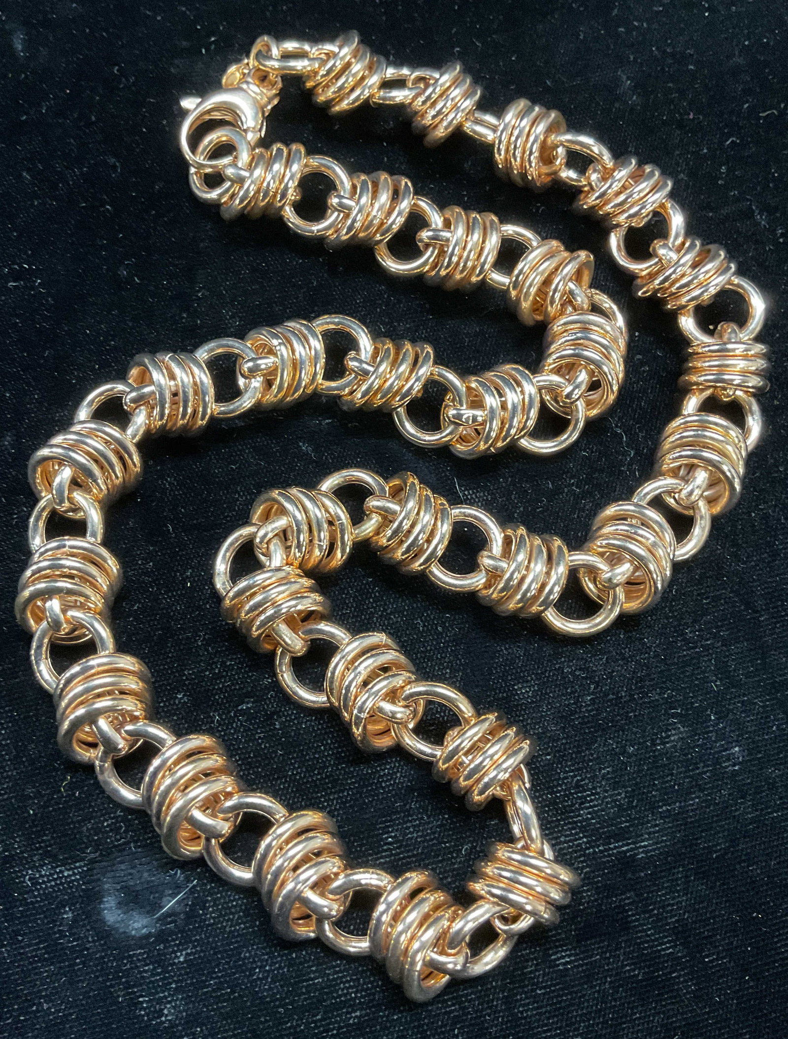 Milor Bronze Ring Chain Necklace, Italy: Milor bronze chain necklace. Ring chains. Signed on hang tag. Made in Italy. Drop length approx 11 inches. Some wear including scratching observed. Jewelry, estate jewelry, costume jewelry, cocktail j
