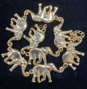 Vintage Brass Elephant Panel Chain Belt: Vintage solid polished brass elephant motif panel chain belt. Measures approx 34 inches long. Belt has weight. Some wear including scratching. Belt, vintage belt, elephant belt, brass belt, gold tone