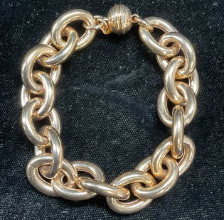 Milor Bronze Chunky Chain Link Bracelet, Italy: Milor chunky chain link bracelet. Bronze. Magnetic clasp. Signed on hang tag. Made in Italy. Measures approx 8 inches long. Some wear including scratching observed. Jewelry, estate jewelry, costume je