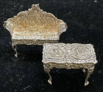 Lot 2 Vtg Sterling Silver Doll House Furniture ENG: Lot of 2 pieces of vintage sterling silver doll house furniture. Bench and table. Repousse scroll designs. One piece marked sterling, made in England. Bench measures approx 2.5 x .75 x 2 inches. Table
