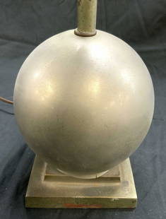 Vintage Art Deco Metal Spherical Lamp & Shade: Lamp is silver toned and metal. Piece has spherical form. Lamp includes harp and tri cone form finial. Base has square form. Lamp has beaded metal pull switch. Lamp measures approximately 19.5 inches