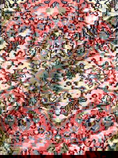 Vintage Oriental Handmade Wool Rug W Fringes: Rug is handmade and wool. Piece appears to be vintage. Rug is pink with intricate multi toned floral motif detail. Edges have knotted cream toned fringes. Rug measures approximately 32 inches tall 18.