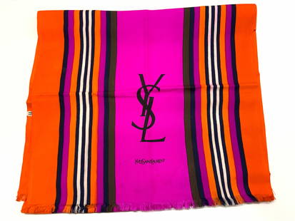 Yves Saint Laurent Silk Pink Striped Scarf: Yves Saint Laurent Silk Pink Striped Scarf Silk scarf featuring a vibrant striped pattern in orange, pink, navy & white. Scarf has orange borders & YVES SAINT LAURENT text. Surface wear consistent to
