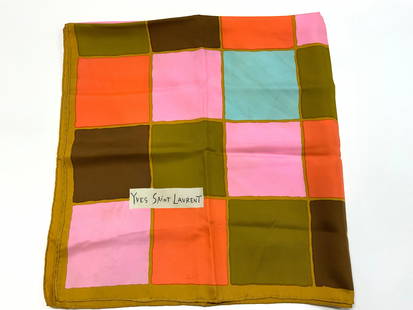 Yves Saint Laurent Checkered Silk Scarf: Yves Saint Laurent Checkered Silk Scarf Silk scarf with a colorful checkered pattern. Pattern consists of squares in various colors, including pink, orange, brown & mode. Yves Saint Laurent text on sc