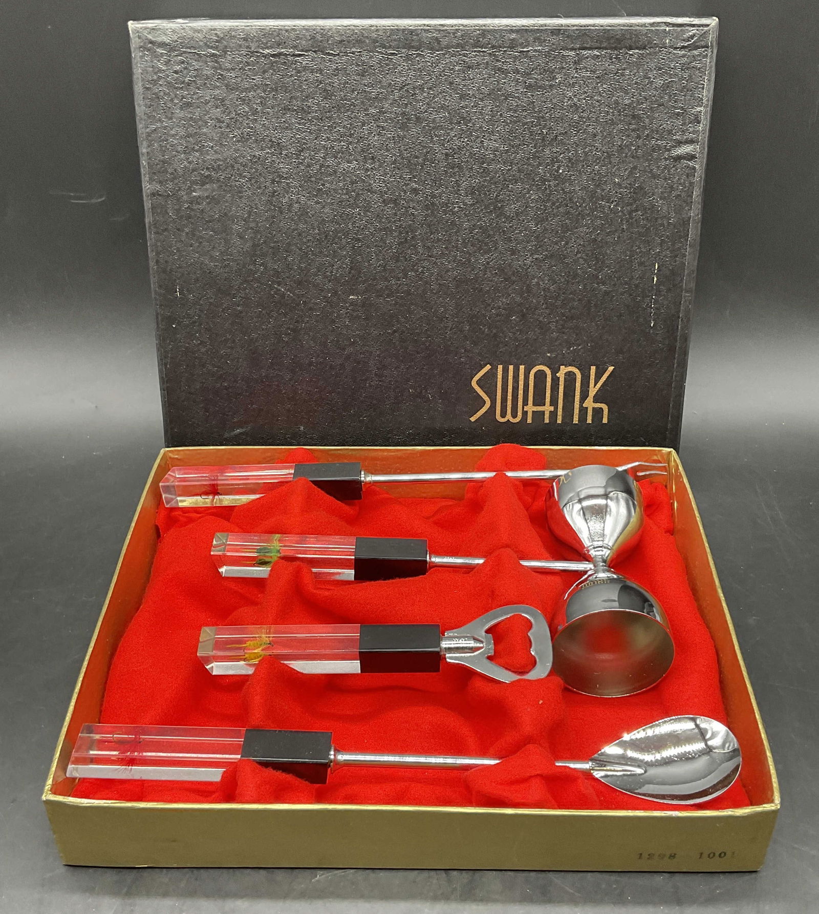SWANK Bar Tool Set W/ Original Box, Japan: SWANK Bar Tool Set With Original Box. The bar tools / mixologist tools are drafted from metal and acrylic materials. Inside of each handle is a feathered fishhook. The lid to the box reads SWANK and t