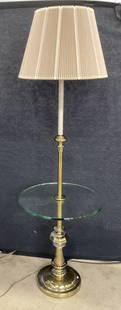 STIFFEL Vntg Brass & Glass Side Table Floor Lamp: STIFFEL Vintage Brass & Glass Side Table Floor Lamp. Corded. Weighty. Comes with a paper shade. Measures approx. 54H x 17.5W in. Height includes shade. Width measured at table. Signed STIFFEL. Not tes