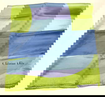 Christian Dior Abstract Blue Pattern Silk Scarf: Christian Dior Abstract Blue Pattern Silk Scarf Silk scarf featuring a vibrant & abstract design with shades of blue, green & lavender. Christian Dior text on bottom right of scarf. Surface wear consi