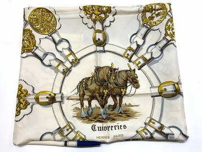 Hermes Cuivreries Horse Print Silk Scarf: Hermes Cuivreries Horse Print Silk Scarf Silk scarf featuring an equestrian theme. Scarf has an image of two horses in the center & decorative elements. Signed & marked. Surface wear consistent to age