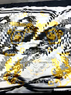 Hermes Brides de Gala Print Silk Scarf FRANCE: Hermes Brides de Gala Print Silk Scarf FRANCE Silk scarf featuring ceremonial bridles & equestrian gear. Scar has a black, cream/white & gold color way. Signed & marked. Reads Hermes Paris. MADE IN FR
