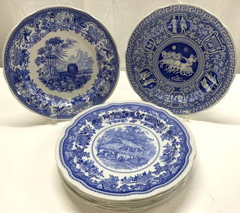 8 Spode Blue Room Collection Tradition Plates Engl: 8 The Spode Blue Room Collection Tradition Plates Blue & white decorative plates featuring a neoclassical & animals design. Plates have a Greek key or floral border. Signed & marked on underside. MADE