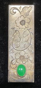 Vtg 800 Silver Semiprecious Lipstick Case & Mirror: Vintage 800 silver lipstick case with fold out mirror. Green semiprecious stone cabochon. Engraved case with floral design. Marked 800 on interior tube. Measures approx 2 x 5/8 x 5/8 inches. Total wei