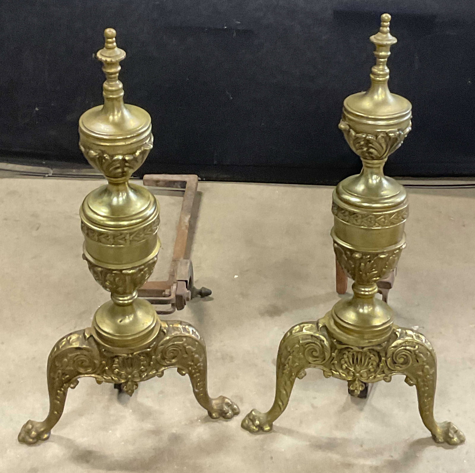 Pr Vintage Brass Claw Footed Finial Form Andirons (1 of 8)