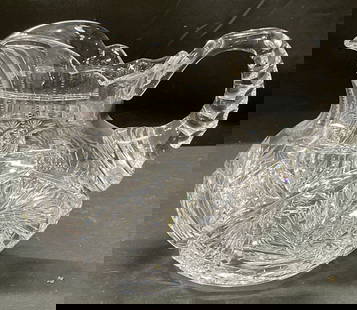 Antq American Brilliant Period Cut Glass Pitcher: Antique cut glass pitcher. American Brilliant Period. Hand cut glass with intricate bob star and diamond patterns. Thick walled glass, piece has weight. Measures approx 8.25 x 6.25 x 6.25 inches. Some