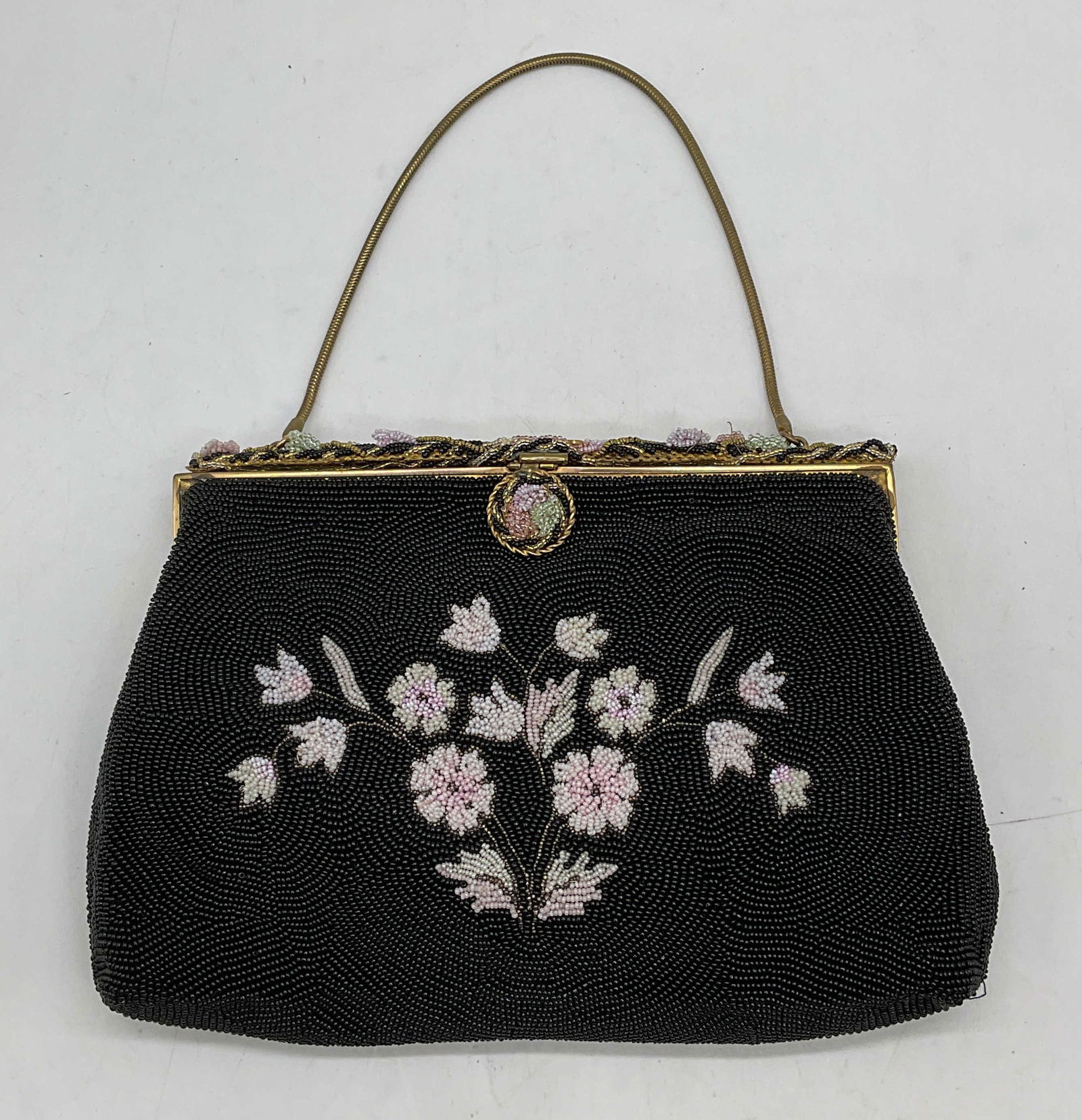 Vtg Handmade Black Beaded Floral Handbag France (1 of 7)