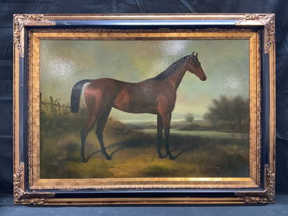 Signed Laura Cassidy Equine Horse Oil Painting: Framed oil on canvas paintings. Signed at lower right L. Cassidy. Laura Cassidy is a 20th century American painter. Equine scene with view of horse and landscape with stream. Gilt and black wood frame
