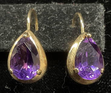 Signed 14k Gold Amethyst Earrings, Mexico: Signed 14k gold and amethyst semiprecious stone earrings. Marked 14k. Made in Mexico. Signed illegibly. Measure approx .5 inches long. Total weight 2.2 grams. Some wear including scratching observed.