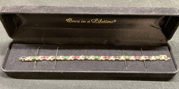 Signed 14k Gold Diamond, Ruby, Emerald Bracelet: Signed 14k gold bracelet with emerald, ruby, and sapphire semiprecious panels and diamond accents. Signed illegibly. Marked 14k. Measures approx 7.25 inches long. Total weight 16.4 grams. Includes jew