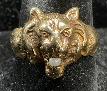 Vintage 14k Gold & Pearl Tiger Head Ring: Vintage 14k yellow gold tiger head motif ring with pearl accent. Marked 14k gold. Ring size 9.75. Total weight 9.6 grams. Some wear including scratching observed. Jewelry, Estate jewelry, fine jewelry