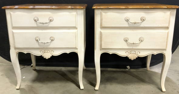 Ethan Allen Pr 2 Drawer Wooden Nightstands: Interiors of top drawers are each inscribed ETHAN ALLEN MADE IN AMERICA. Lot includes 2 nightstands. Each appear to be wooden, possibly wood veneer. Nightstands each have 2 drawer with metal handles a