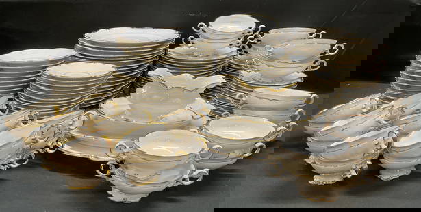 112 HUTSCHENREUTHER Sylvia Porcel Service Germany: Set of 112 pieces HUTSCHENREUTHER porcelain dinnerware service in Sylvia pattern. White with gilt rim decoration. All pieces signed. Made in Germany. Lot includes 1 charger (13 inches), 1 serving dish