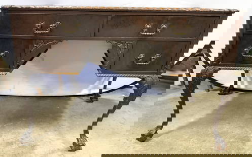 Atq Chippendale Ball & Claw Ft Crvd Wd Writing Dsk: Desk appears to be antique possibly vintage. Piece is dark brown toned and wooden. Chippendale style desk with ball and claw feet. Desk has 4 drawers. Each with brass handles and hand dovetailing. Mea