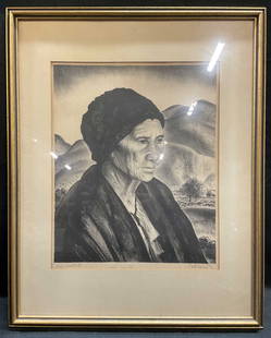 Signed Peter Hurd Dona Nestorita Lithograph: Framed and matted lithograph. Signed on the plate and hand signed below at lower right PH/Peter Hurd. Titled by hand at lower left. Dona Nestorita. Portrait of a woman with New Mexico landscape. Black