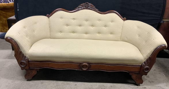 Antq Empire Style Tufted Uph Wooden Sofa: Sofa appears to be antique possibly Vintage. Piece has carved wooden frame with grape bunch and leaf detail at top. Loveseat has tufted cream toned upholstery. Lower area of upholstery in front has gi