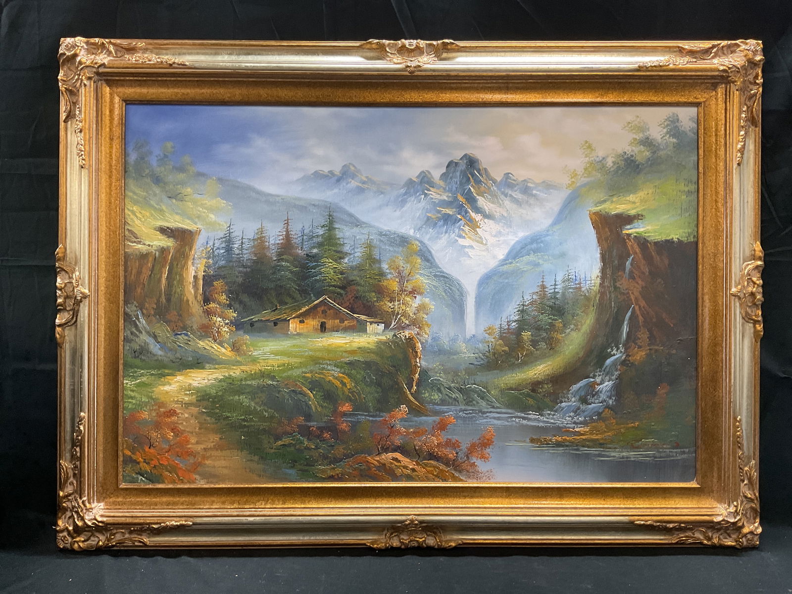 Signed Deven Cabin & Mountain Oil Painting (1 of 6)