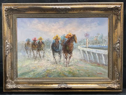 Signed C. Young Equestrian Horse Race Oil Painting: Framed oil on canvas painting. Signed at lower right, C. Young. Equestrian scene. Horse race. Abstracted composition with impasto brushwork. Decorative gilt wood and gesso frame. Not examined out of f
